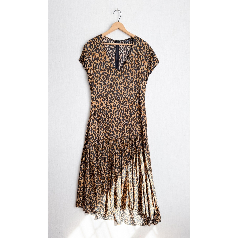 Zara Woman Leopard Print V-Neck Asymmetrical Midi Dress Brown Animal Print Small